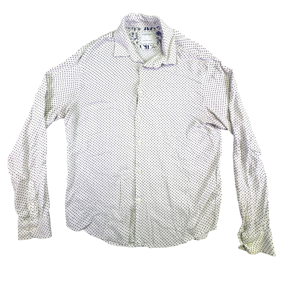 Denim & Flower Ricky‎ Singh Mens L White Navy Diamond Dot Viscose Button Shirt